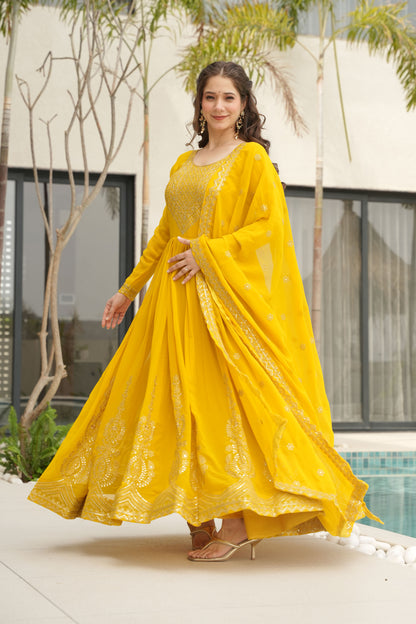 Suryani Mustard Yellow Embroidered Gown