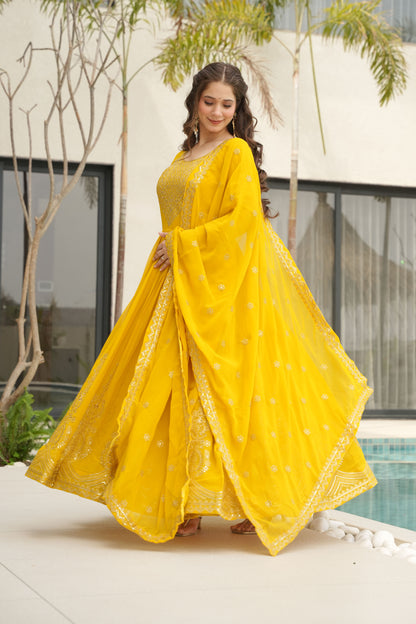 Suryani Mustard Yellow Embroidered Gown