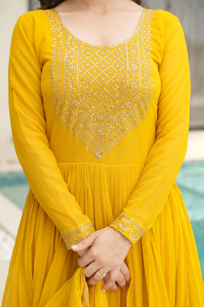 Suryani Mustard Yellow Embroidered Gown