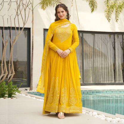 Suryani Mustard Yellow Embroidered Gown