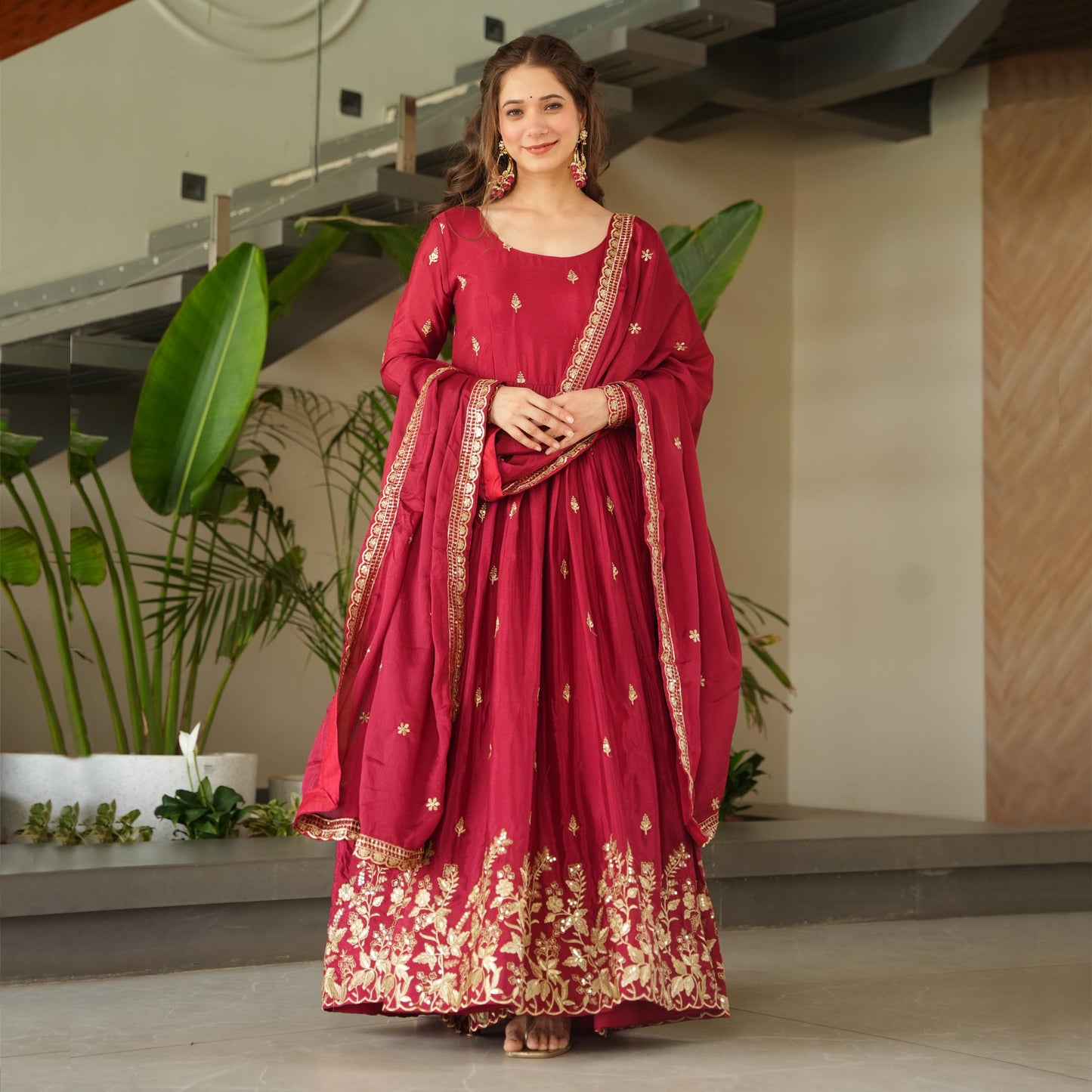 Kashvi Maroon Royale Embroidered Gown