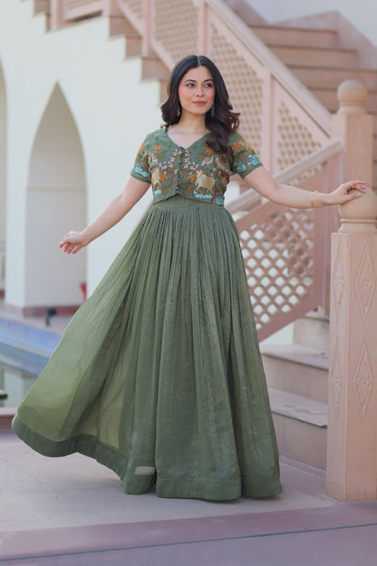 Olive Green Botanical Work Gown with Koti
