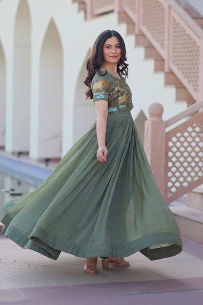 Olive Green Botanical Work Gown with Koti