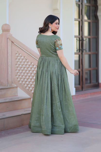 Olive Green Botanical Work Gown with Koti
