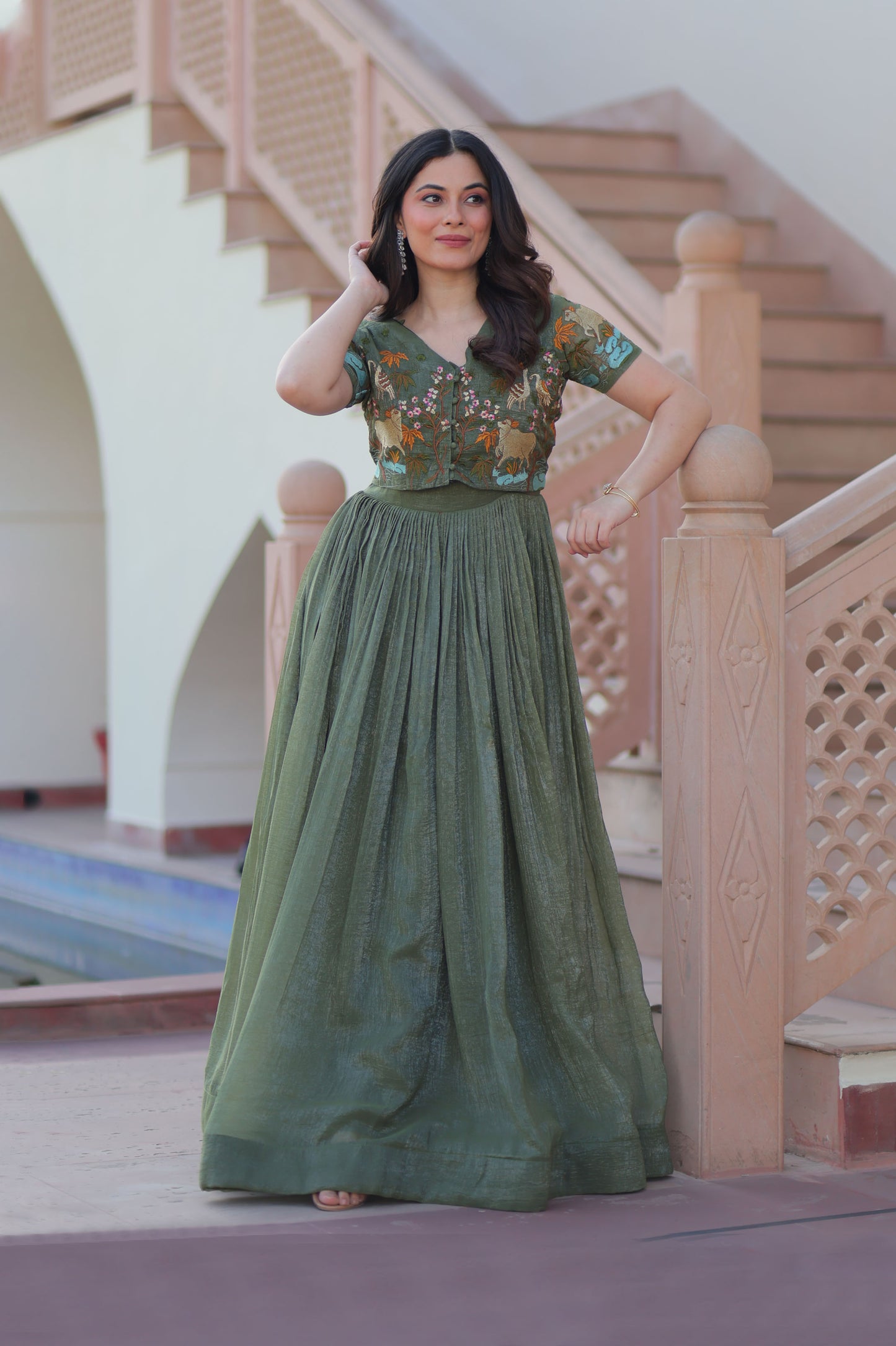 Olive Green Botanical Work Gown with Koti