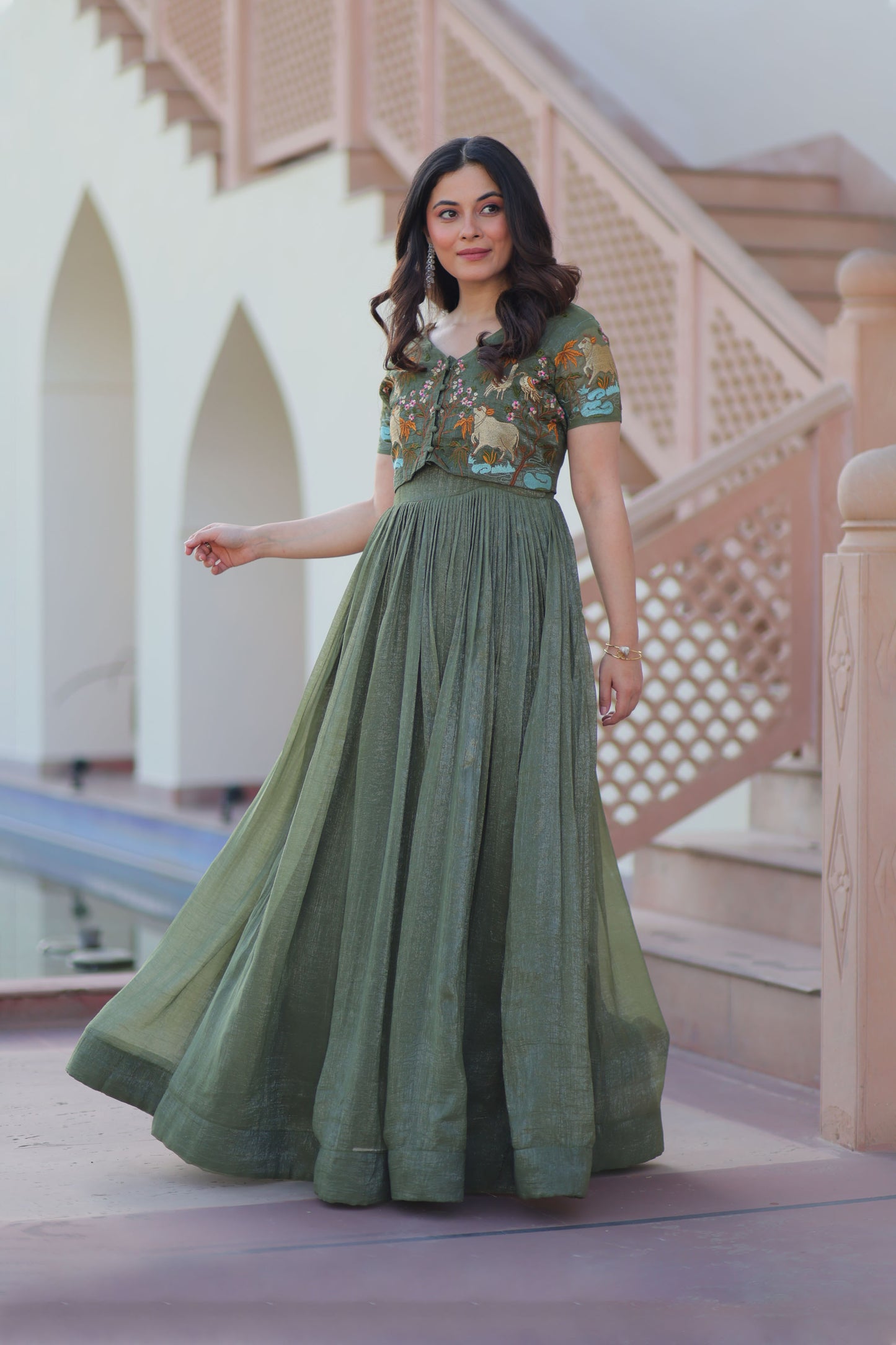 Olive Green Botanical Work Gown with Koti
