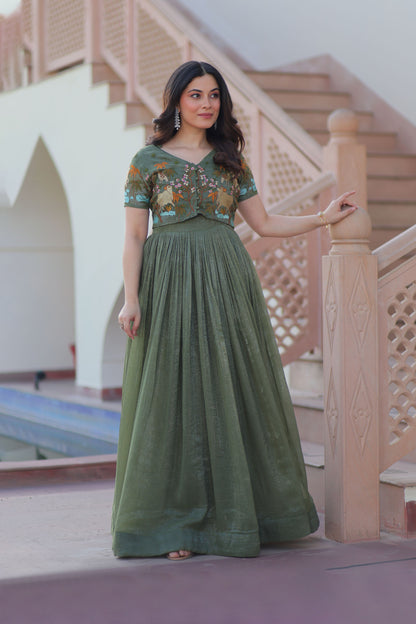 Olive Green Botanical Work Gown with Koti