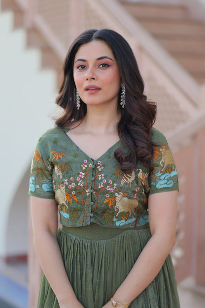 Olive Green Botanical Work Gown with Koti