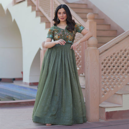 Olive Green Botanical Work Gown with Koti