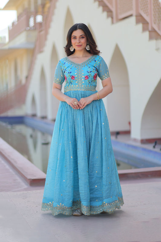 Elina Sky Floral Embroidered Gown