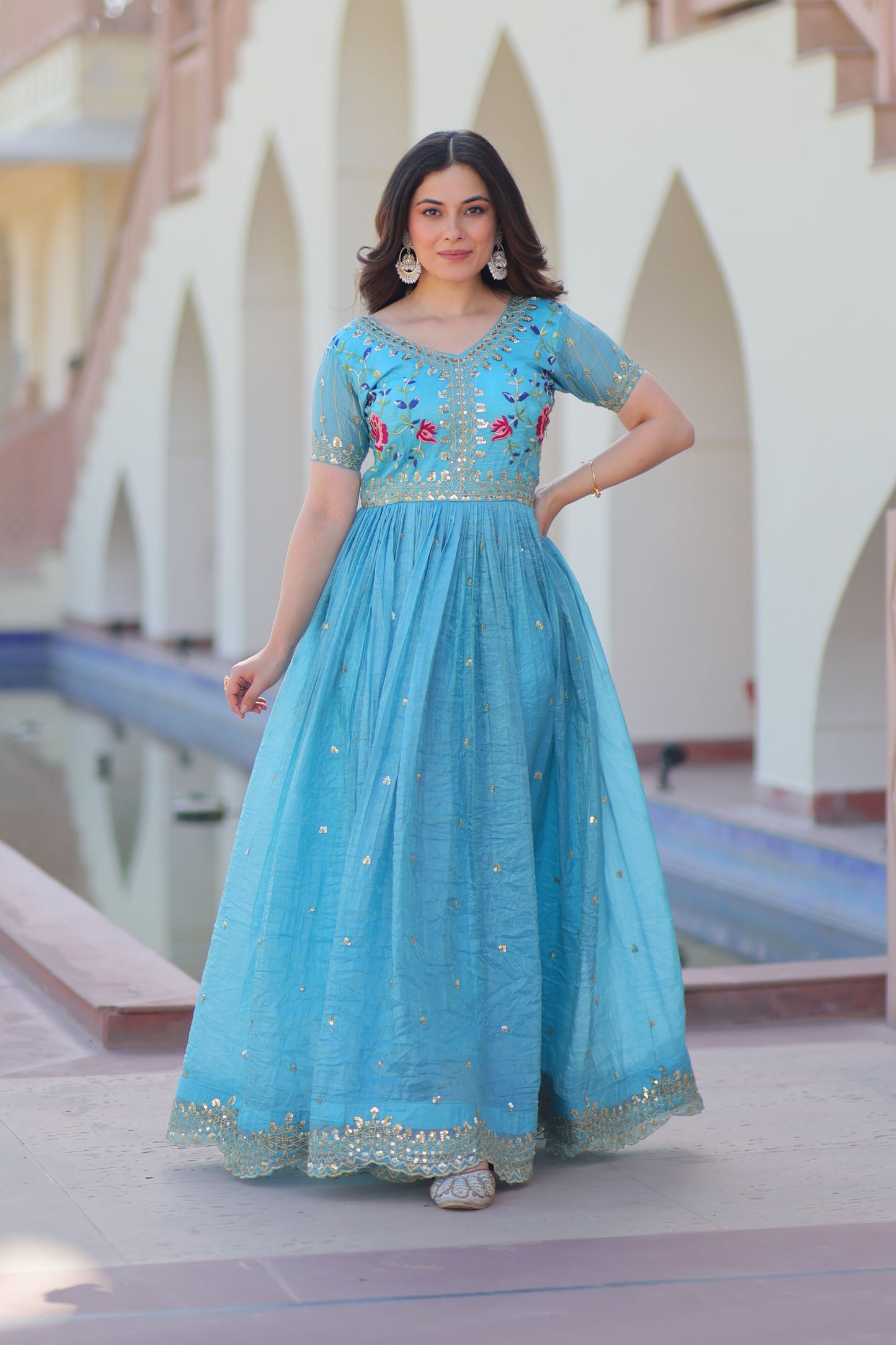 Elina Sky Floral Embroidered Gown