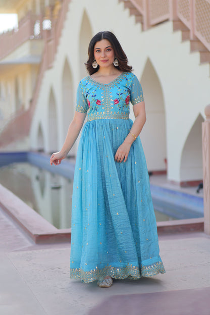 Elina Sky Floral Embroidered Gown