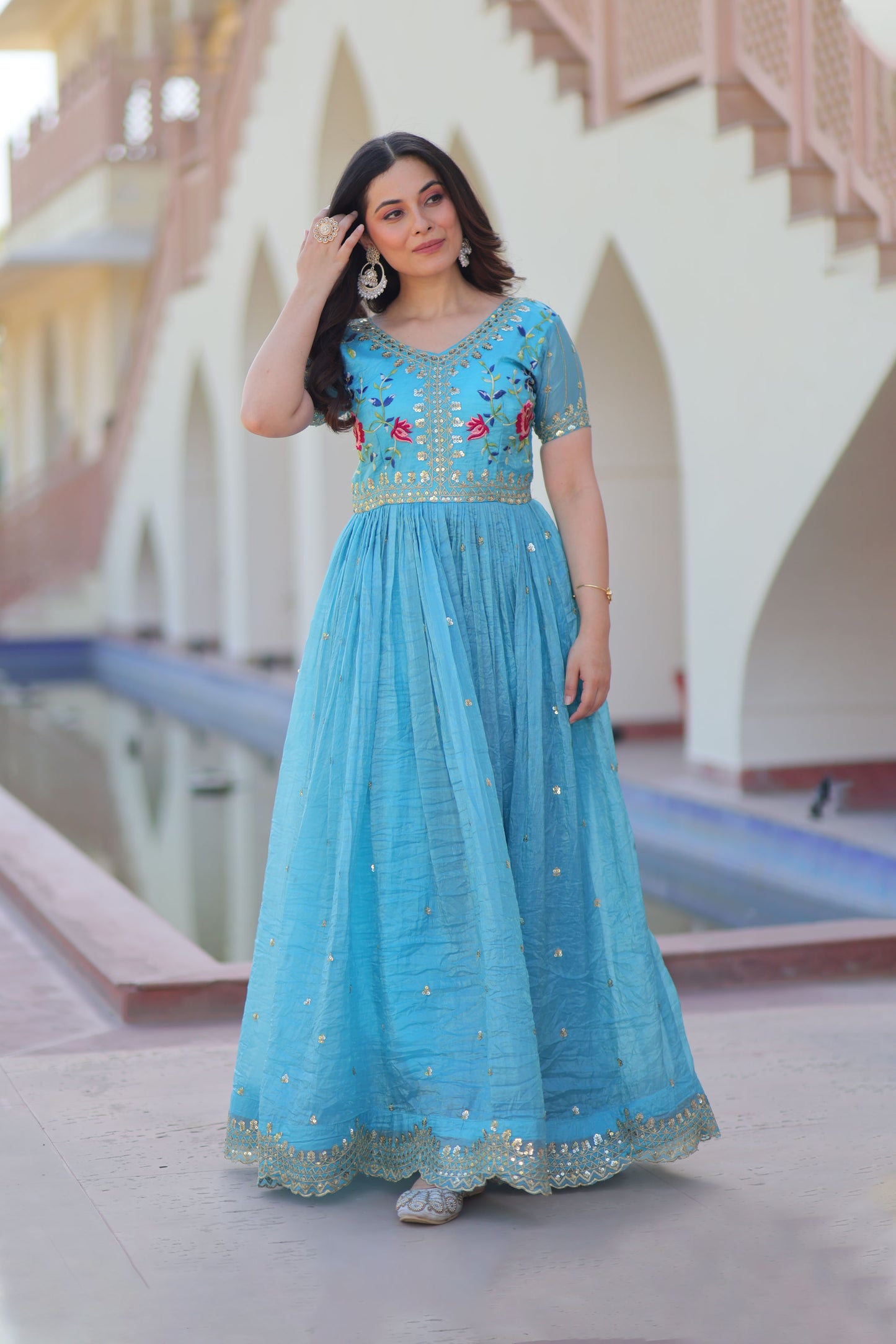 Elina Sky Floral Embroidered Gown
