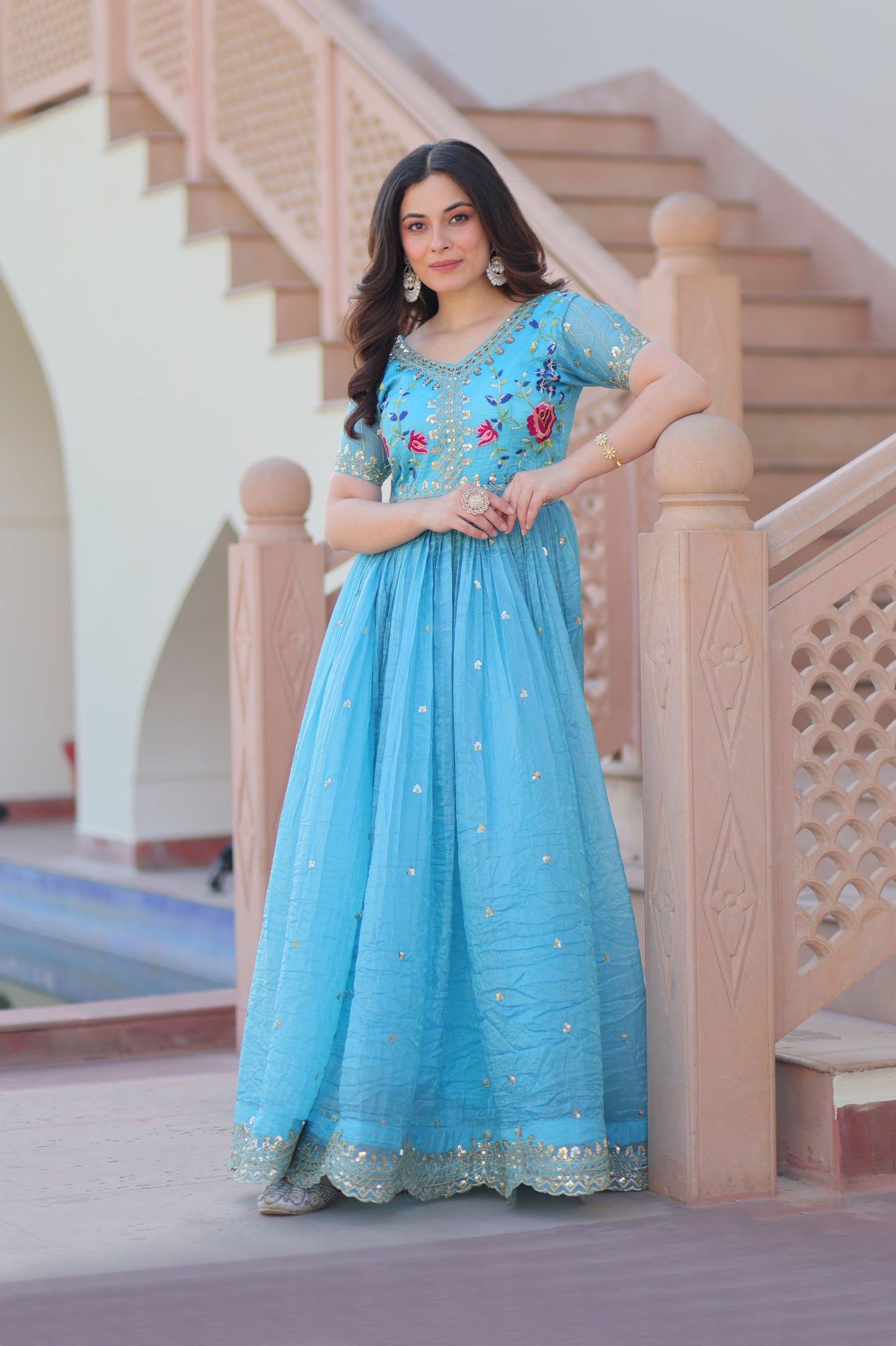 Elina Sky Floral Embroidered Gown