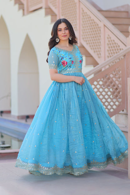 Elina Sky Floral Embroidered Gown