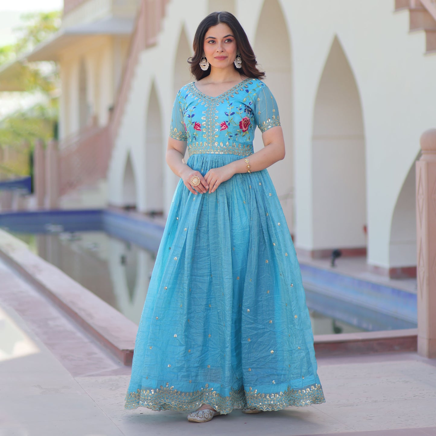 Elina Sky Floral Embroidered Gown
