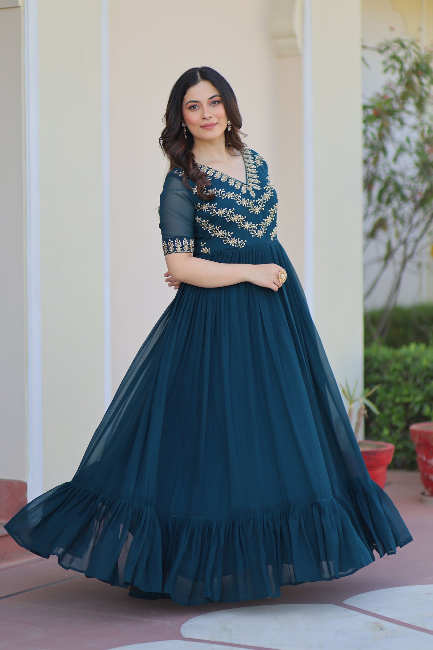 Rama Green Elegance Flared Gown