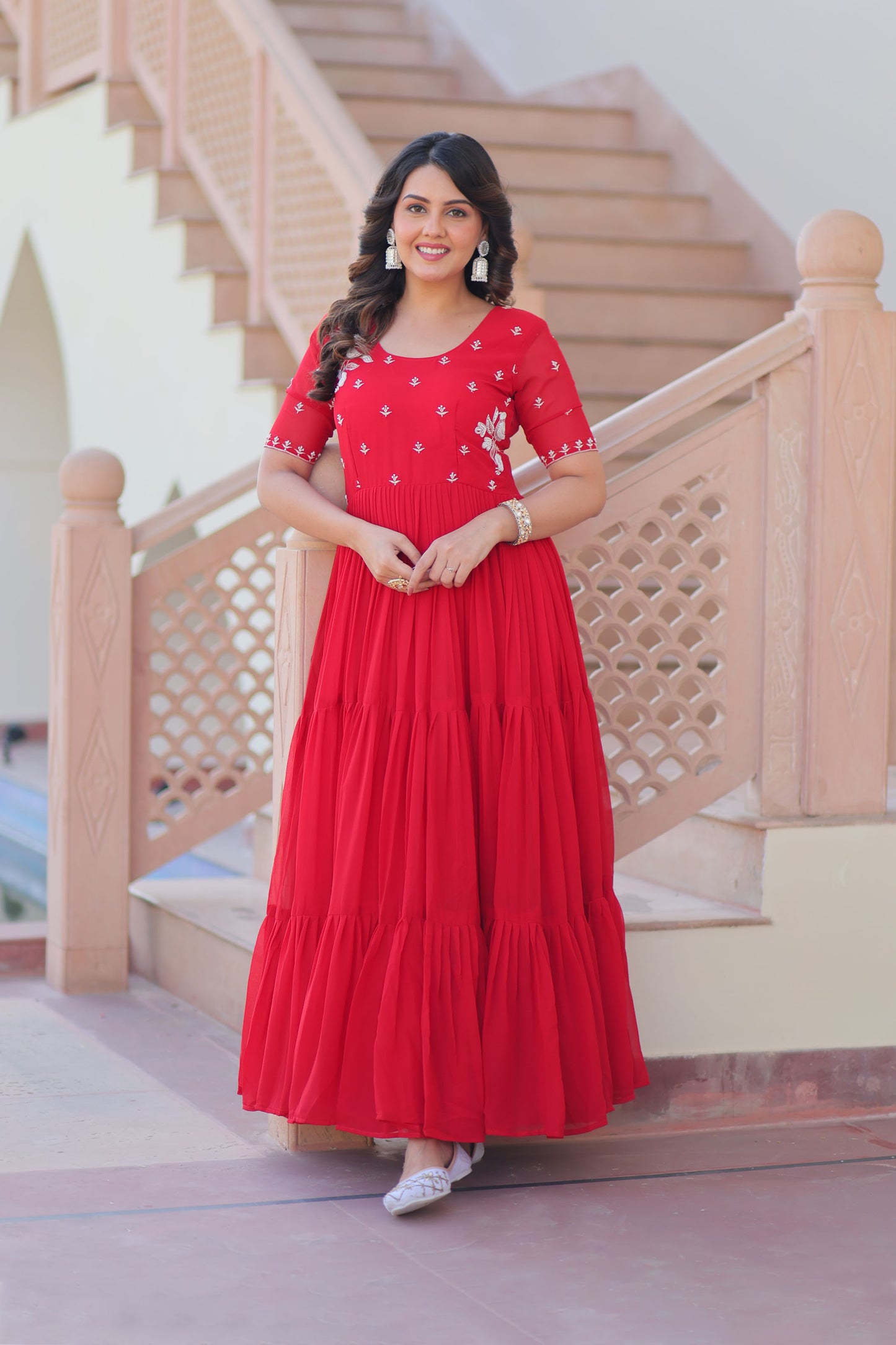 Crimson Red Faux Blooming Beads Embroidered Gown