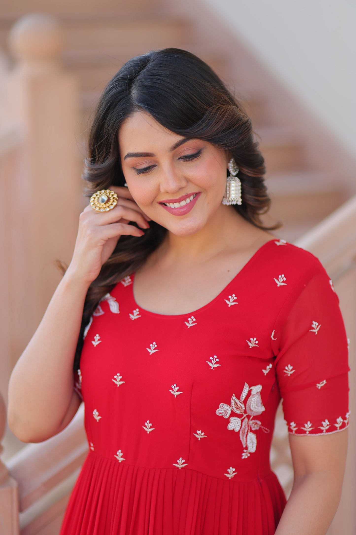 Crimson Red Faux Blooming Beads Embroidered Gown