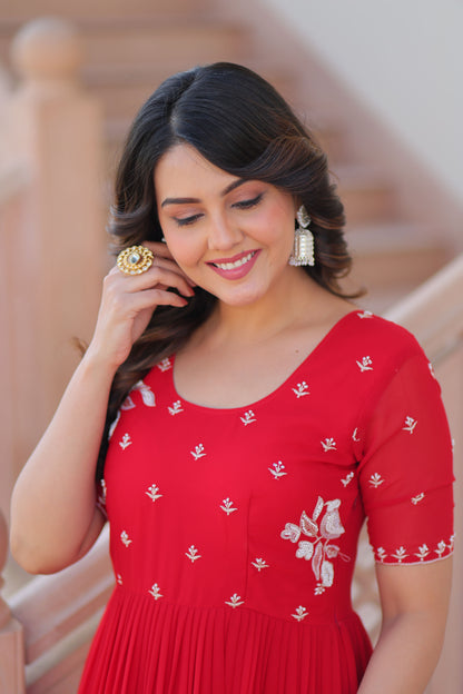 Crimson Red Faux Blooming Beads Embroidered Gown