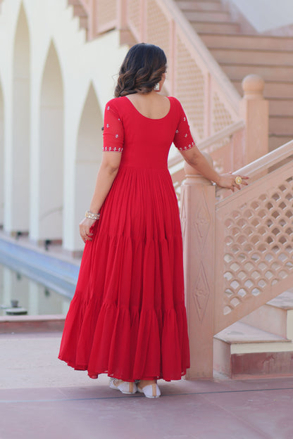 Crimson Red Faux Blooming Beads Embroidered Gown