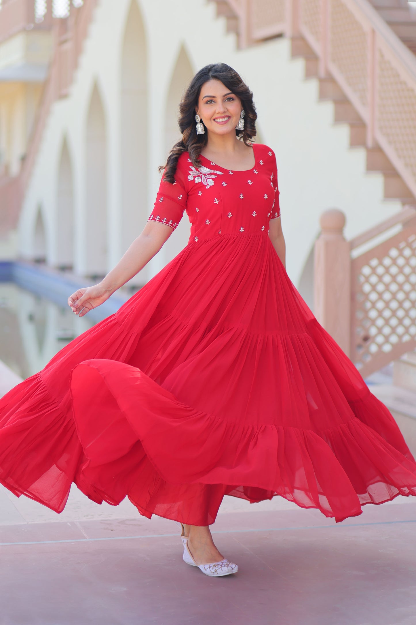 Crimson Red Faux Blooming Beads Embroidered Gown