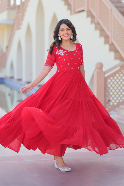 Crimson Red Faux Blooming Beads Embroidered Gown