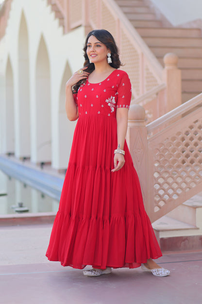 Crimson Red Faux Blooming Beads Embroidered Gown