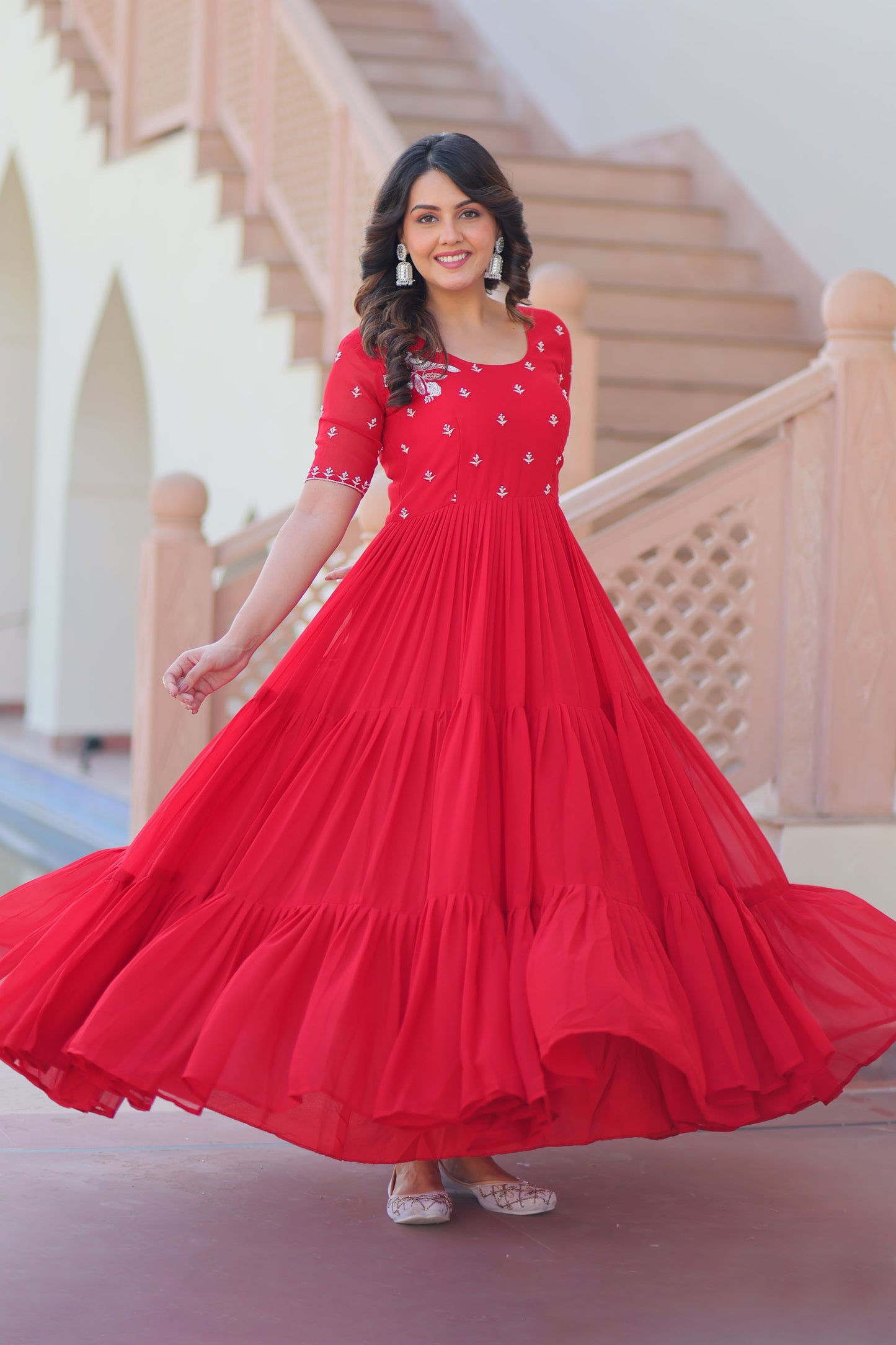 Crimson Red Faux Blooming Beads Embroidered Gown