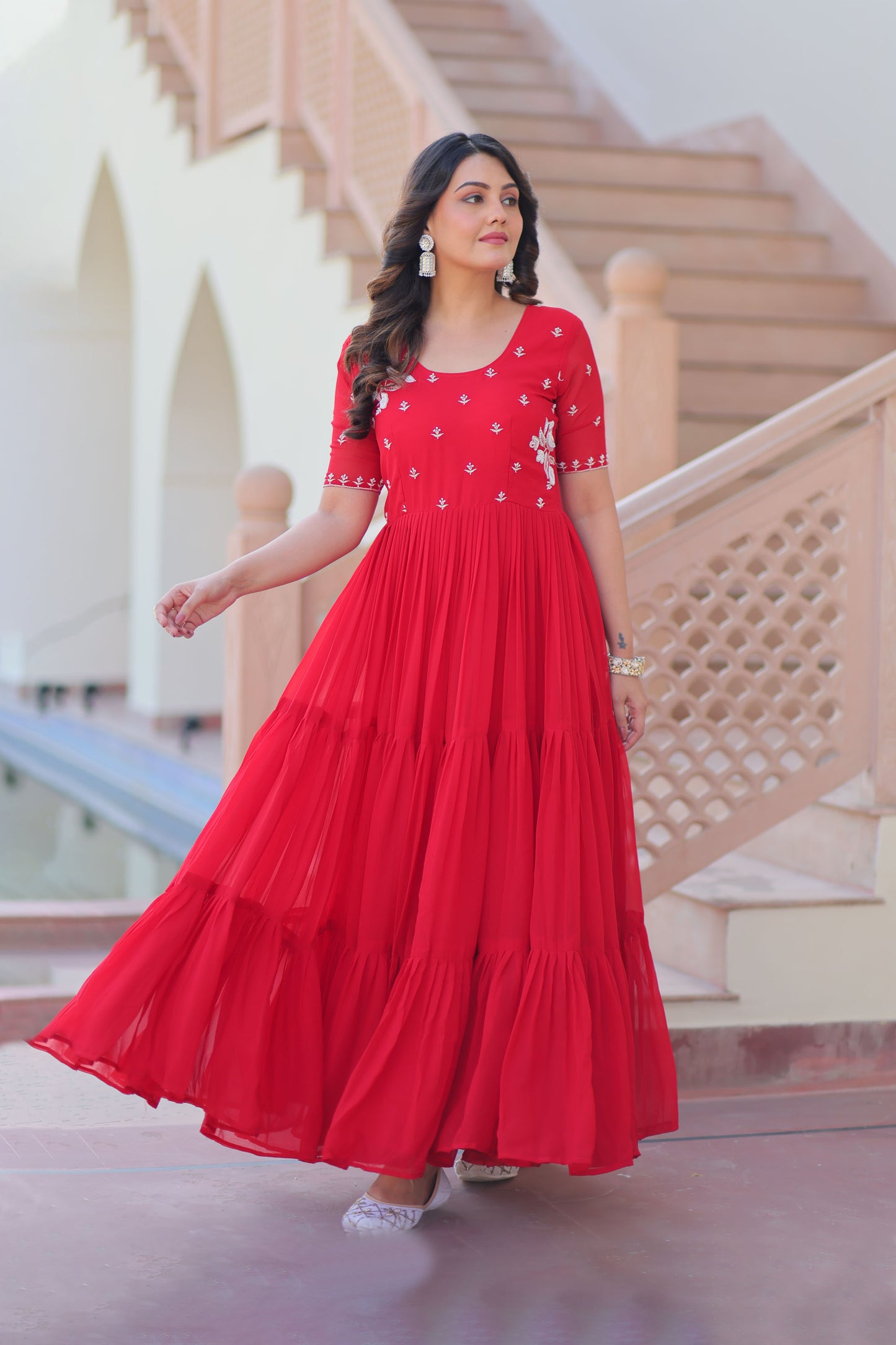 Crimson Red Faux Blooming Beads Embroidered Gown