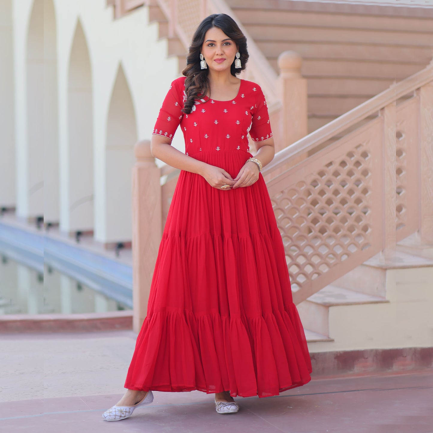 Crimson Red Faux Blooming Beads Embroidered Gown