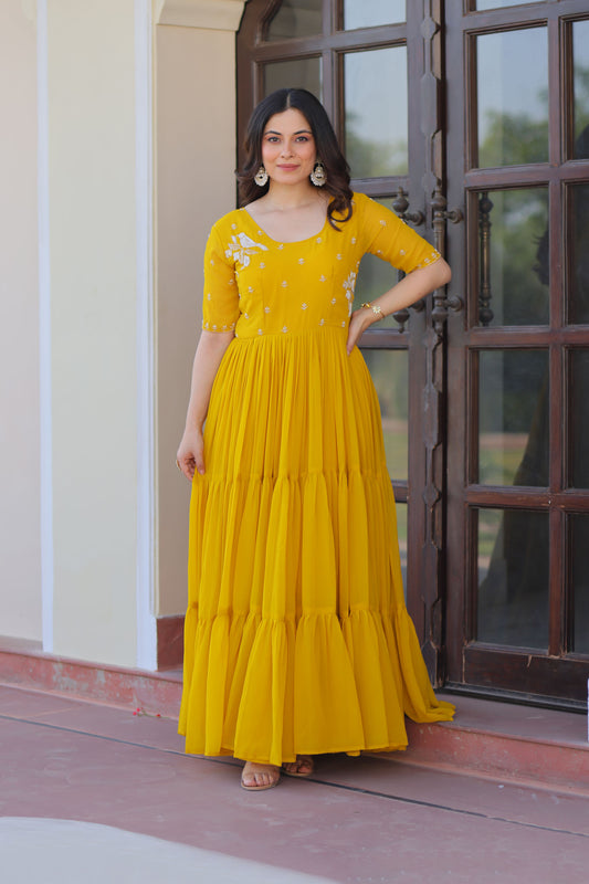 Radiant Mustard Faux Blooming Beads Embroidered Gown