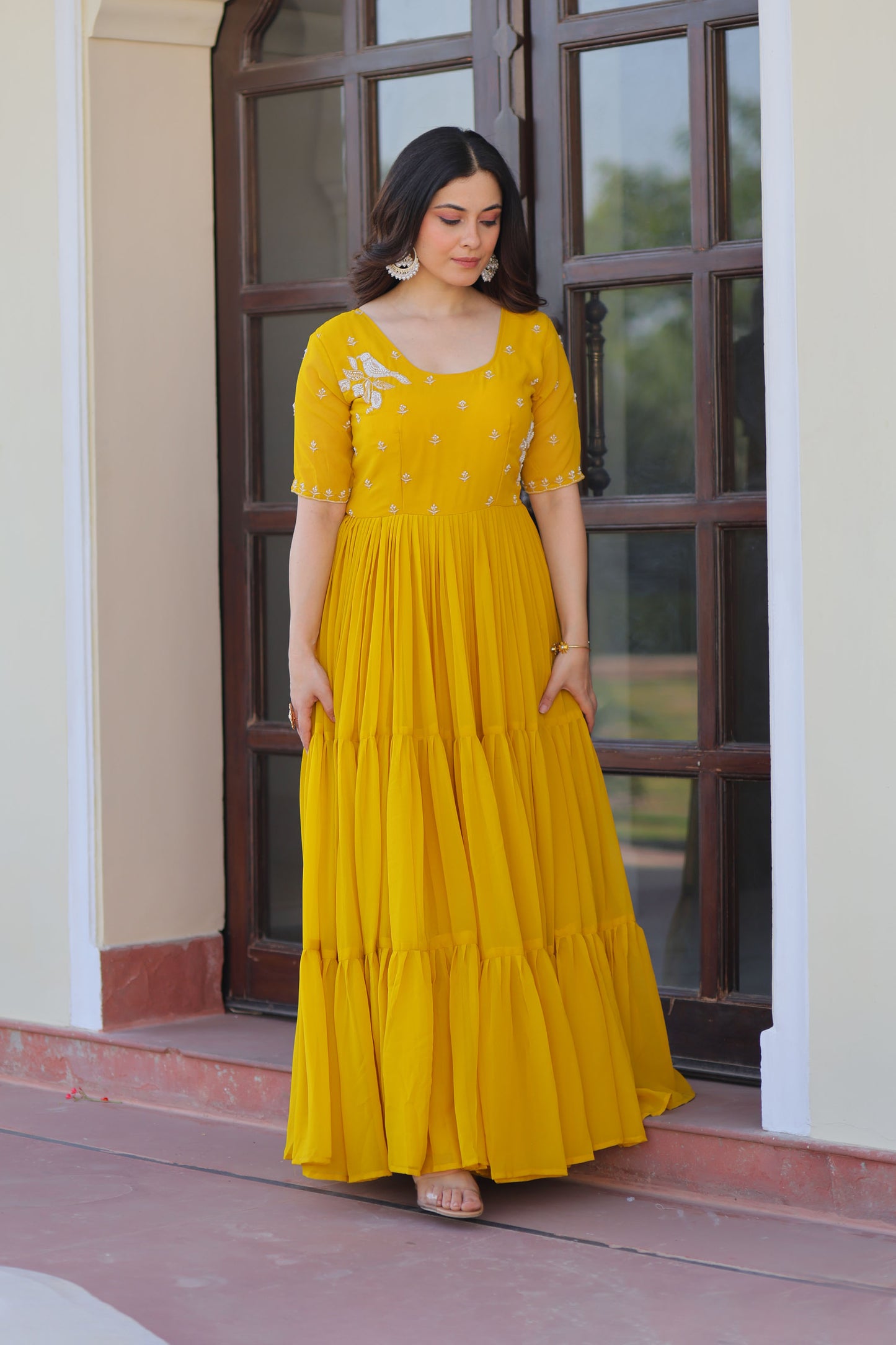 Radiant Mustard Faux Blooming Beads Embroidered Gown
