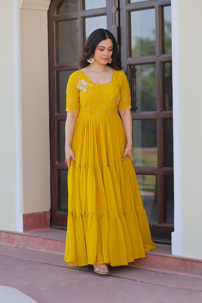 Radiant Mustard Faux Blooming Beads Embroidered Gown