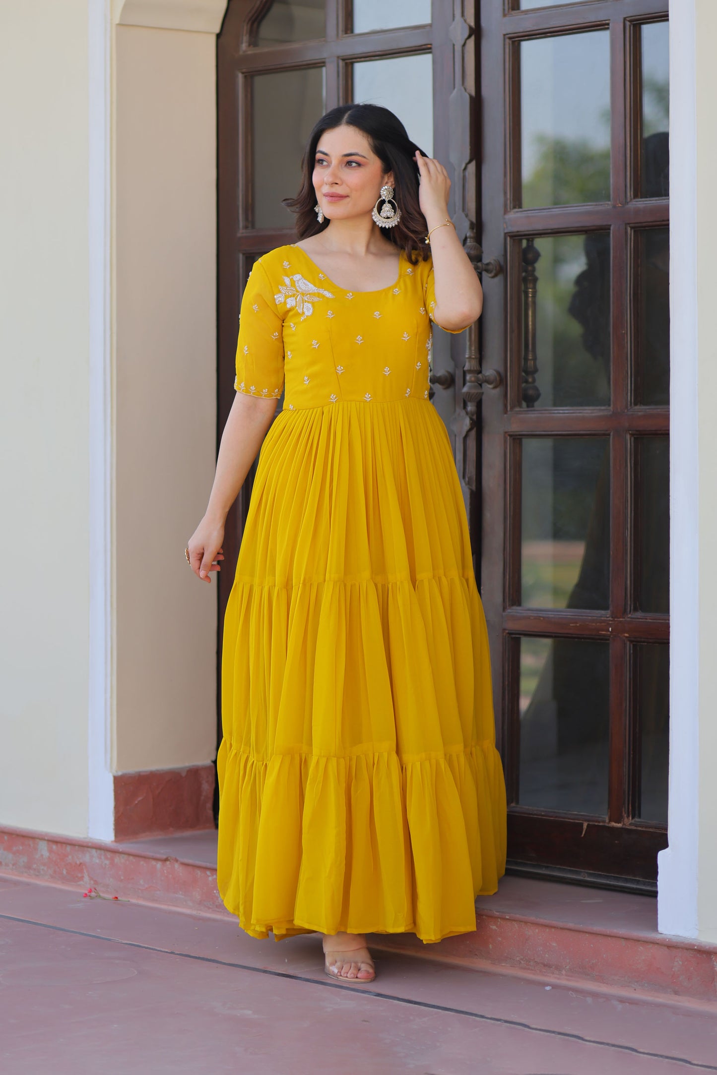 Radiant Mustard Faux Blooming Beads Embroidered Gown