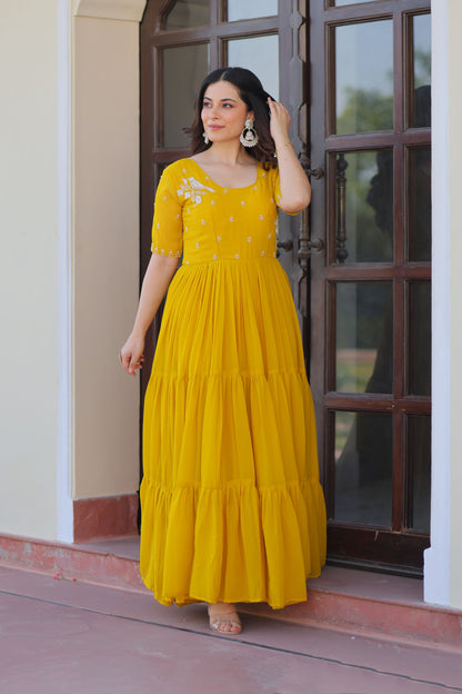 Radiant Mustard Faux Blooming Beads Embroidered Gown