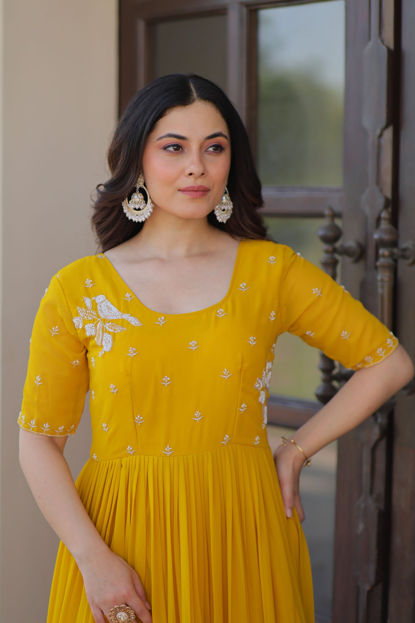 Radiant Mustard Faux Blooming Beads Embroidered Gown
