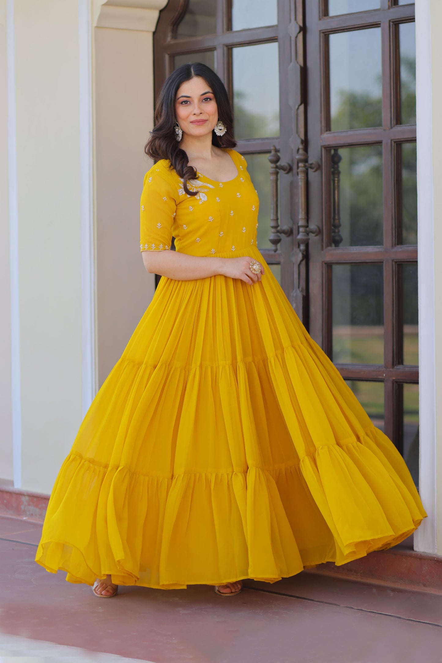 Radiant Mustard Faux Blooming Beads Embroidered Gown