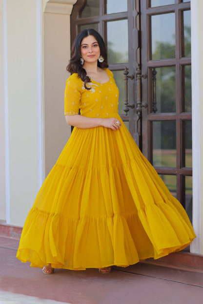 Radiant Mustard Faux Blooming Beads Embroidered Gown