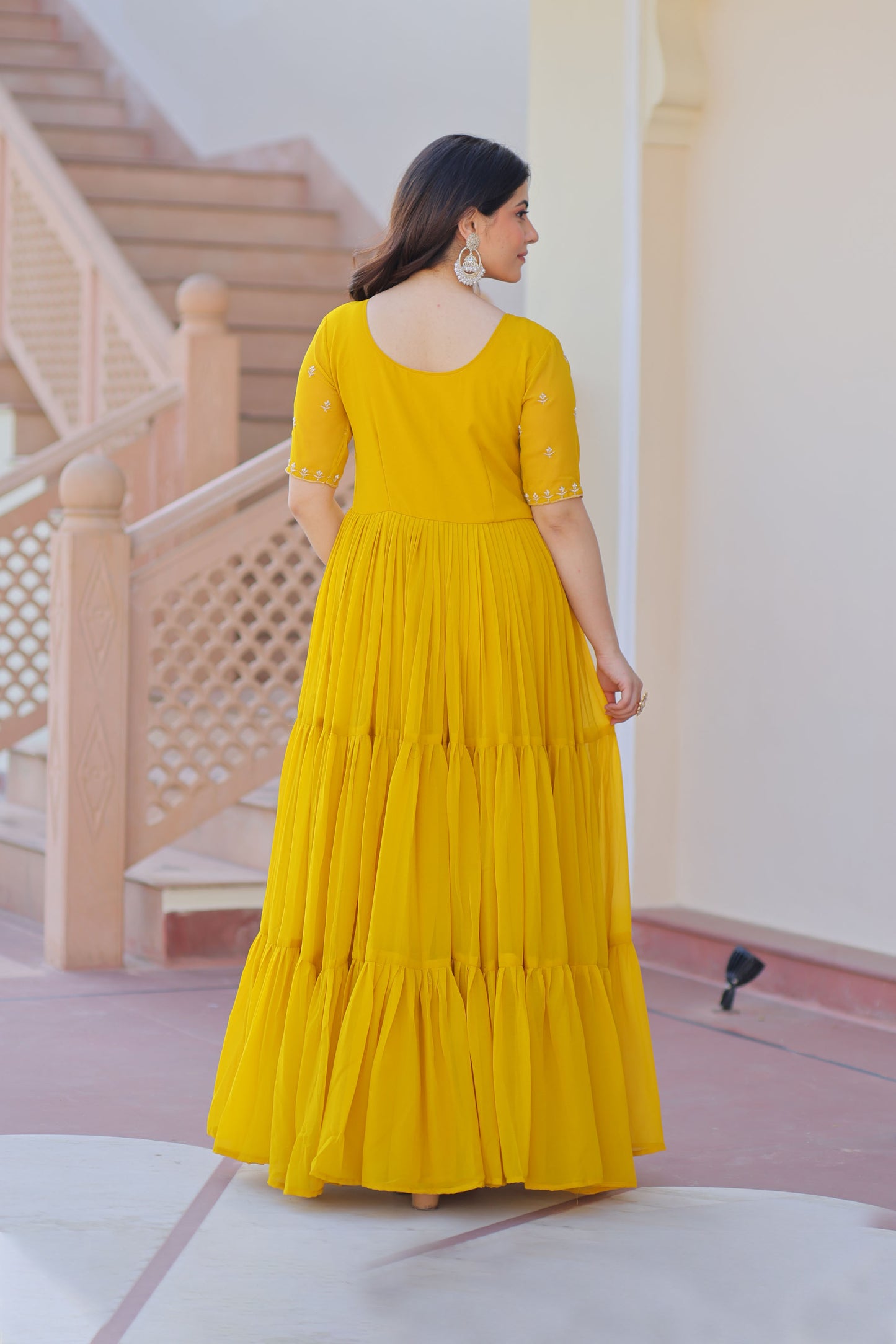Radiant Mustard Faux Blooming Beads Embroidered Gown