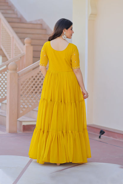 Radiant Mustard Faux Blooming Beads Embroidered Gown