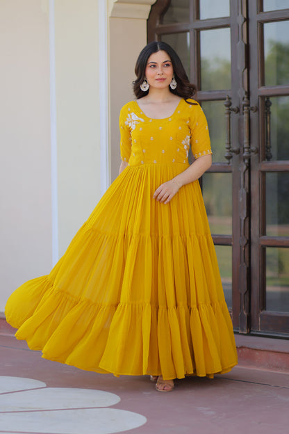 Radiant Mustard Faux Blooming Beads Embroidered Gown