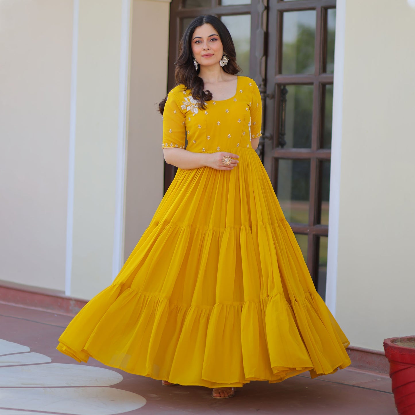 Radiant Mustard Faux Blooming Beads Embroidered Gown