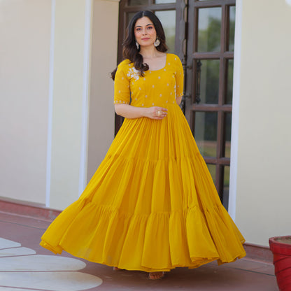 Radiant Mustard Faux Blooming Beads Embroidered Gown