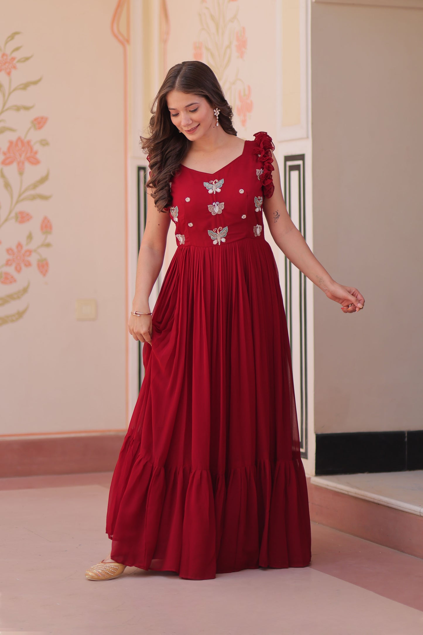 Royal Maroon Faux Blooming Embroidered Gown