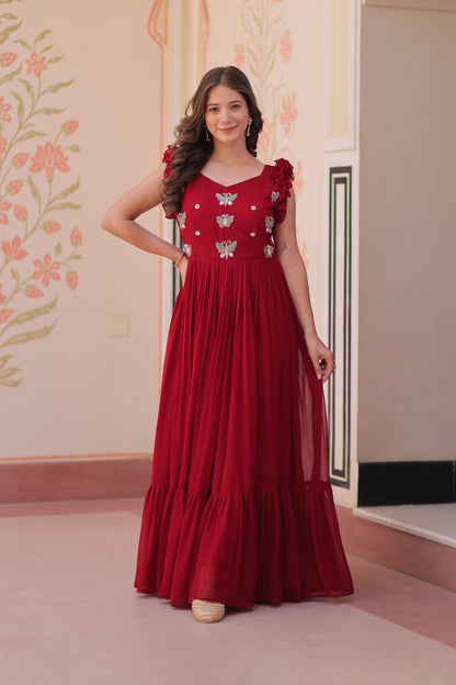 Royal Maroon Faux Blooming Embroidered Gown