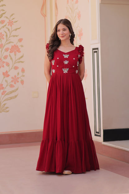 Royal Maroon Faux Blooming Embroidered Gown