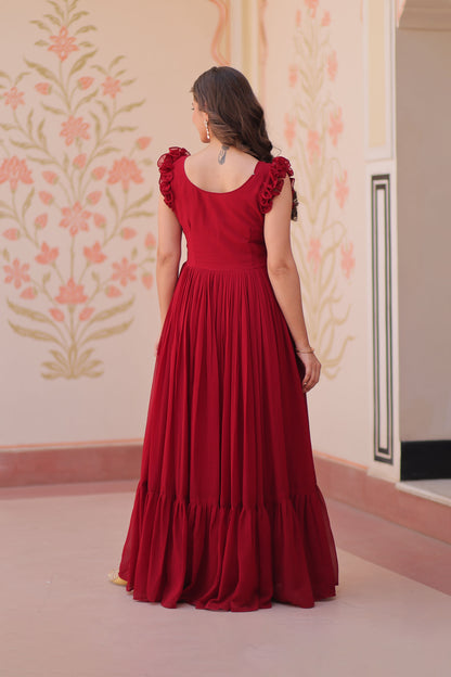Royal Maroon Faux Blooming Embroidered Gown