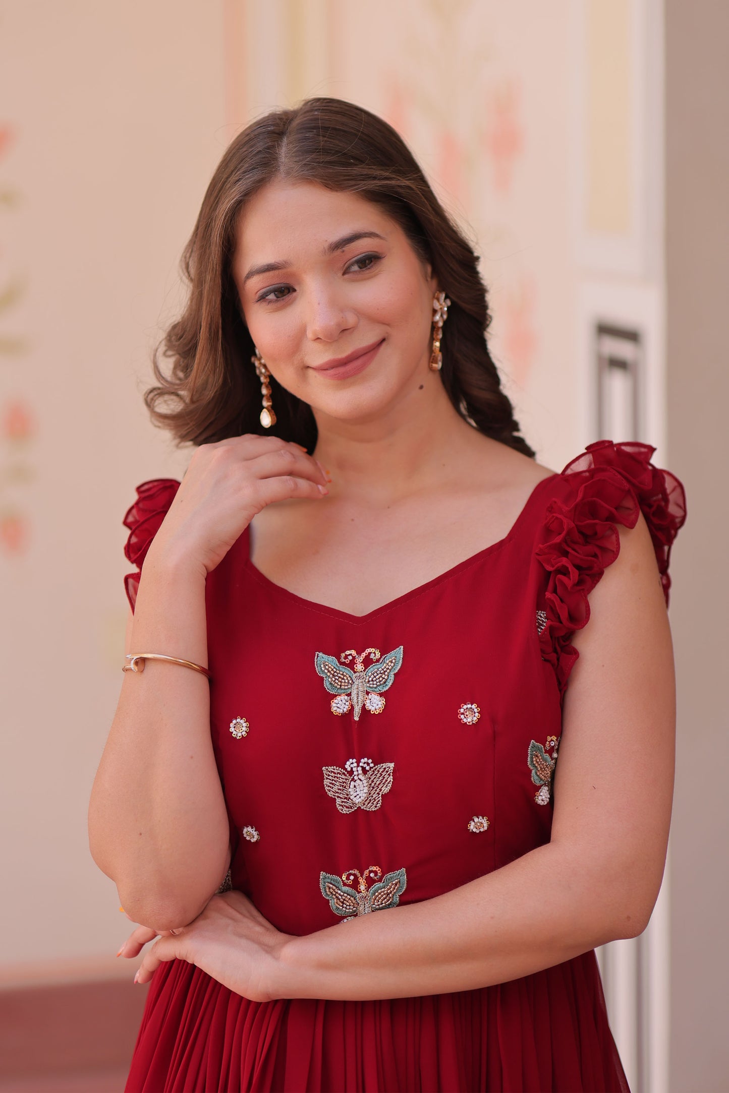 Royal Maroon Faux Blooming Embroidered Gown