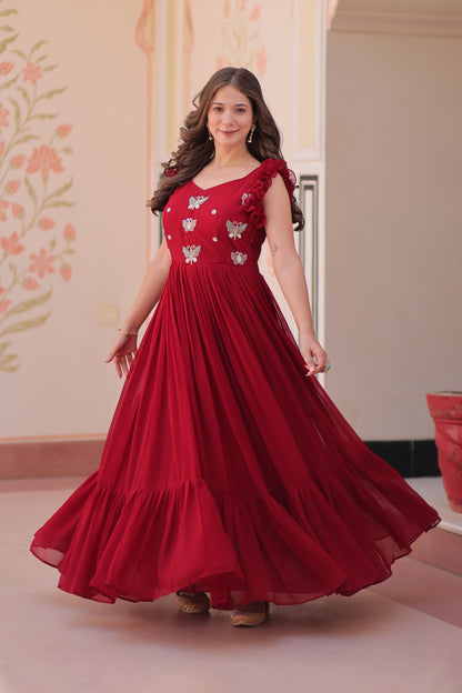 Royal Maroon Faux Blooming Embroidered Gown